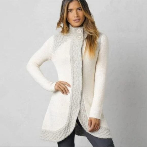 Prana Cardigan Sweater Angelica Cable Knit Gray Wool Mohair Bland Trim Small - Picture 1 of 6